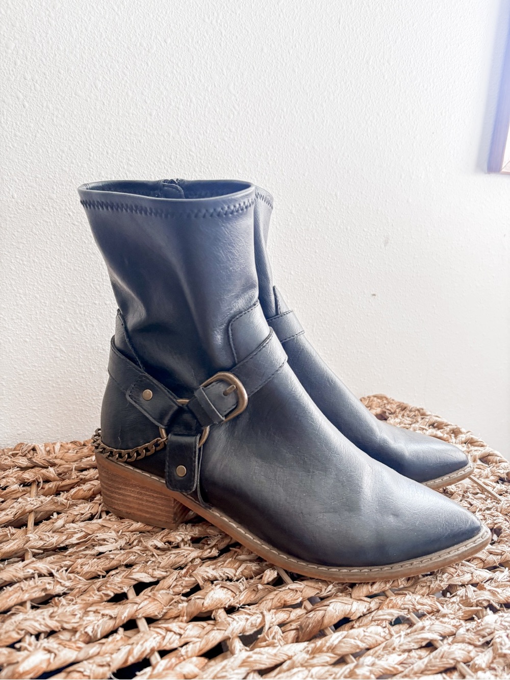 Black Leather Ankle Booties with Buckle & Chain Detail